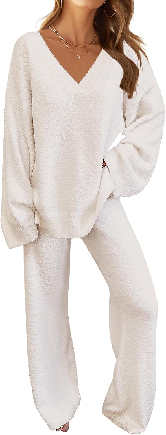 MEROKEETY Women's Lounge Sets 2025 Fall Fashion 2 Piece Outfits Sweater Pajama Set Fuzzy Loungewear Matching Winter Clothes