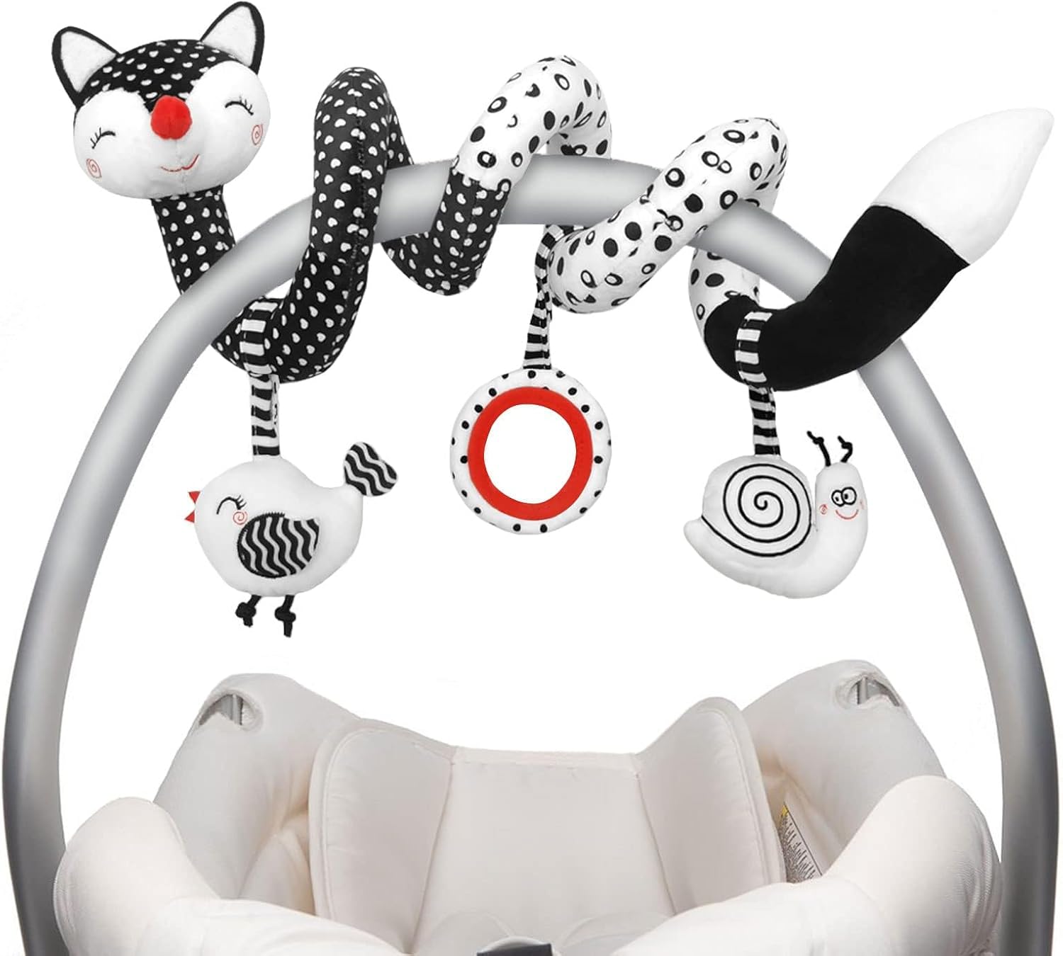 XIXILAND Baby Spiral Plush Toys, Black and White Baby Car Seat Toys, High Contrast Infant Newborn Toy 0-6 Months for Stroller Crib Mobile, Sensory Toy Best Gift for 0 3 6 9 12 Months Boys Girls