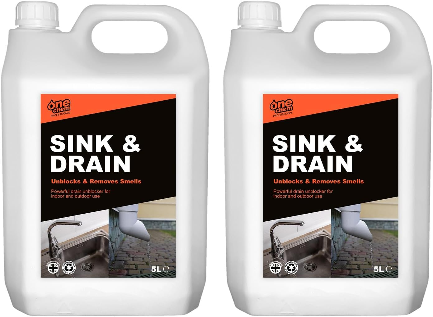 One Chem Professional Heavy Duty Drain Unblocker 2 x 5 Litres, Clears Grease, Fat, Food Deposits, Indoor and Outdoor Use