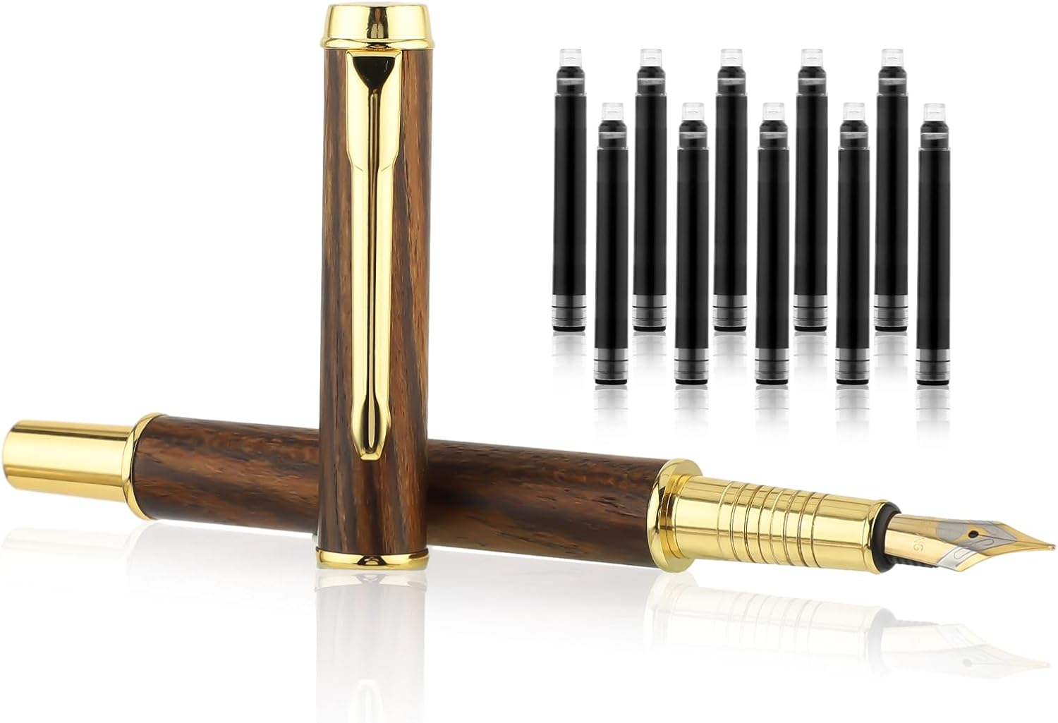 Vintage Wooden Fountain Pen Set, 0.5mm Fine Nib with 10Pcs 2.6mm Ink Cartridges Business Retro Wood Fountain Pen Smooth Writing Calligraphy Pen for Signature Journal Office(Brown)