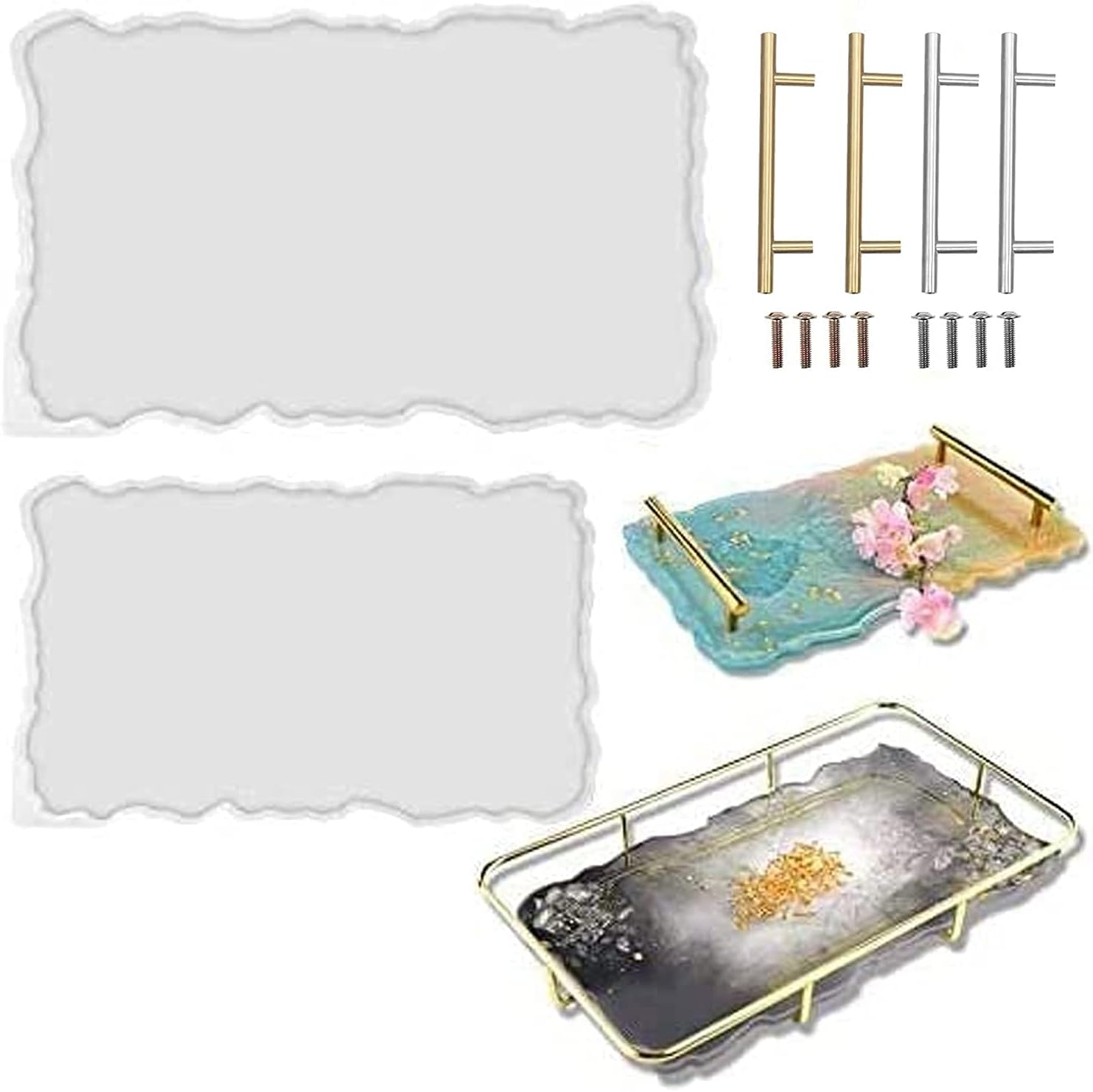 RESINWORLD 2 Size 14 inches XL Large Tray Silicone Molds Epoxy Resin Geode Tray Mold with Gold & Silver Handles DIY for Making Tray (Rectangle)