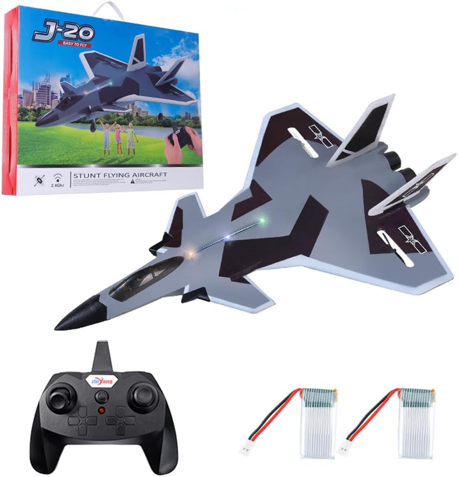 RC Airplane J-20 2.4G Remote Control Plane with 6-axis Gyro Aircraft Fixed-Wing Glider with LED Light Simulation Fighter for Beginner Jet Model 2 Batteries (Gray)