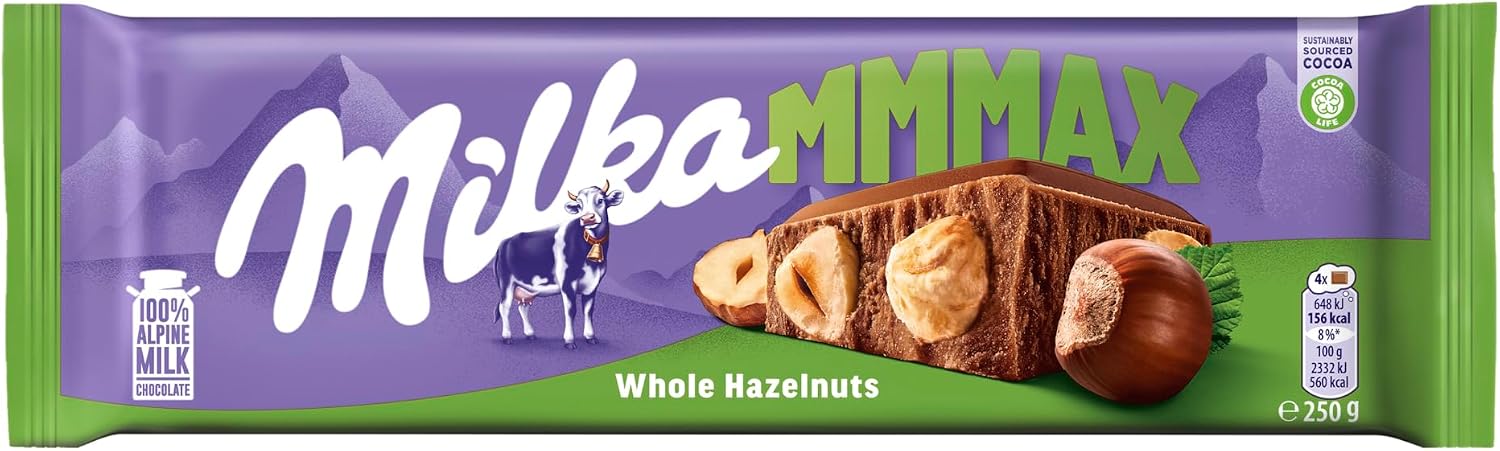 Milka Mmmax Alpine Milk Chocolate with Whole Hazelnuts, 250 g Bar (Pack of 1)