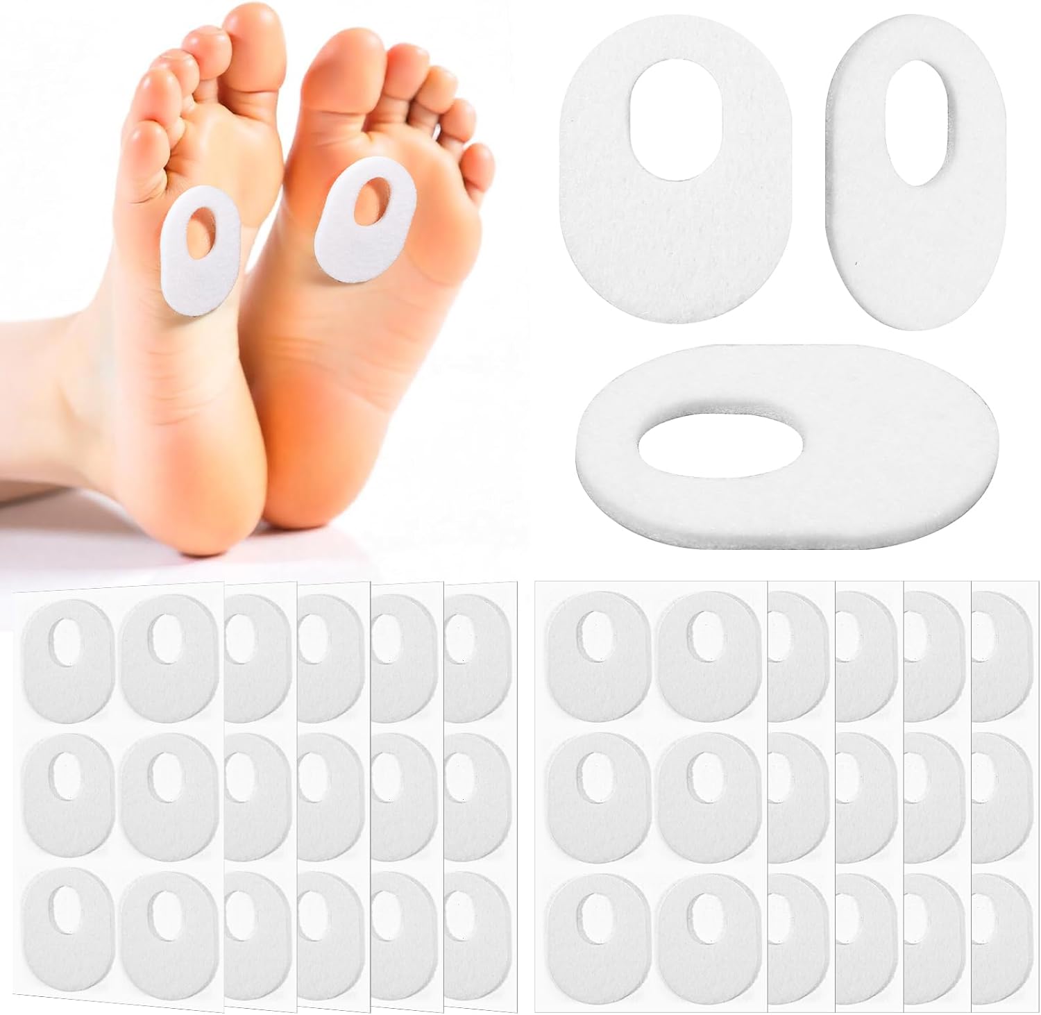 Wanmu 60 Pcs Callus Pads, Soft Felt Callus Cushion Pads for Bottom of Foot Oval Shape Corn Pads, Self Adhesive Foot Callus Cushions, Corn Protectors for Men Women Feet Toes Pain Relief, White