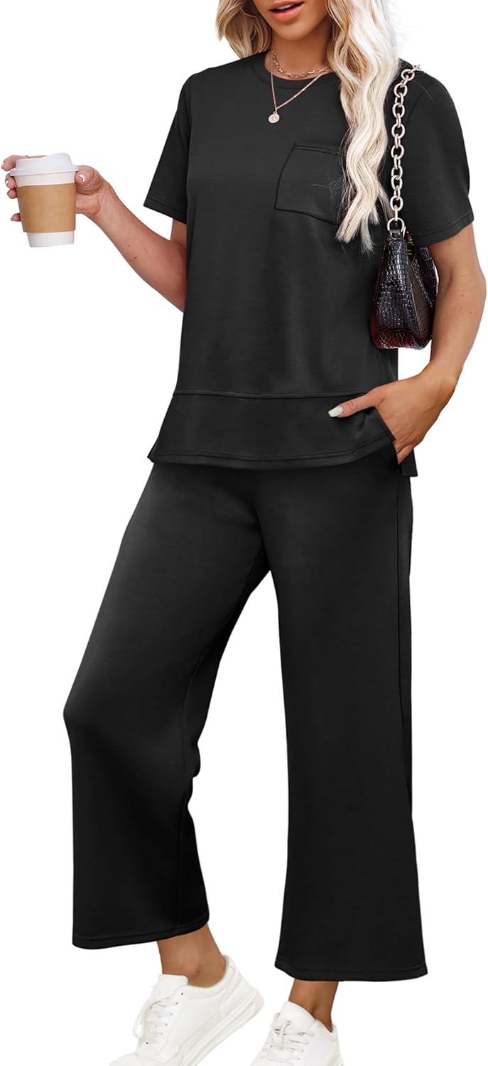 OFEEFAN Women's Lounge Sets Fashion Outfits Wide Leg Loungewear Side Slit Tracksuit for Vacation Travel Airport S-3XL