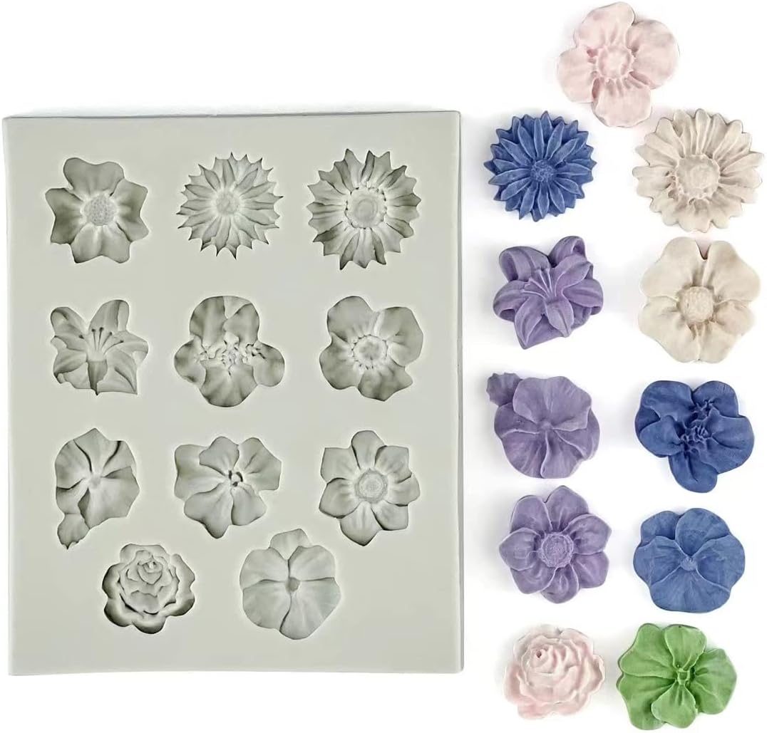 Flower Polymer Clay Molds, 2Pcs Polymer Clay Molds for Jewelry Making, Daisy Sunflower Rose Miniature Silicone Molds (11Flowers)