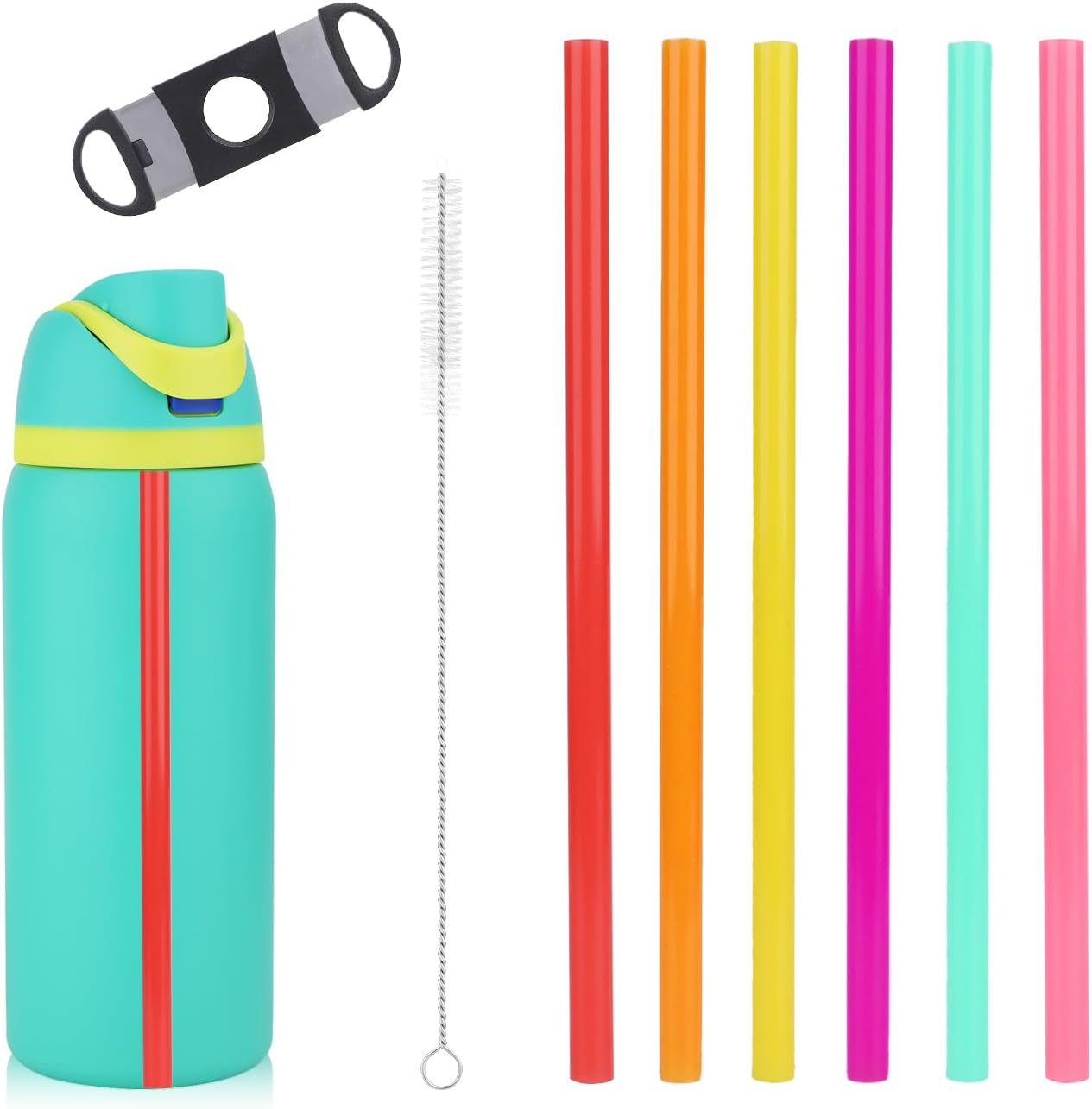 BOXOB 6pcs Replacement Straws for Owala FreeSip Water Bottles 14/16/19/24/32/40oz, Reusable Plastic Straws with Scale Cleaning Brush & Cutting Tool Tumbler Accessories
