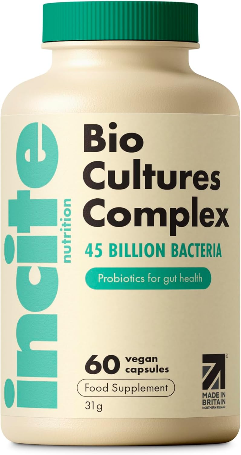 Incite Nutrition Bio Cultures Complex 45 Billion CFU. 1 Month Supply of Prebiotics and Probiotics. 15 Bacterial Strains + Inulin for Digestive Support and Gut Health. Suitable for Vegetarians & Vegans