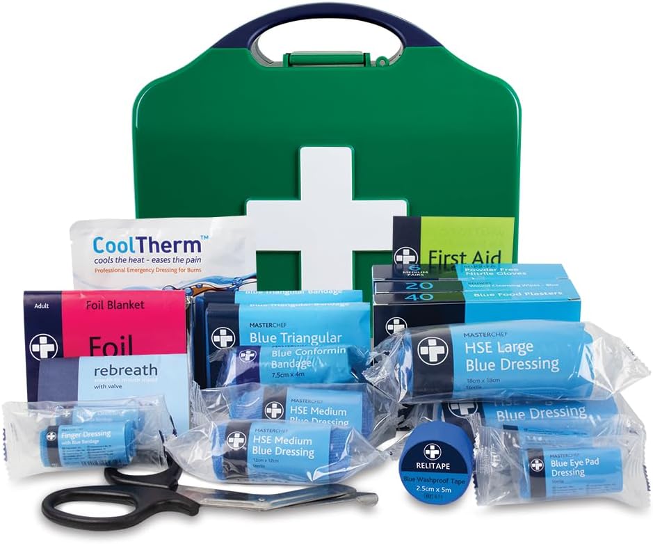 Reliance Medical HSE Compliant Small Catering First Aid Kit - Integral Aura Box for Up to 25 Employees, Ideal for Low-Risk Catering Environments, First Aid Kit With Bandage, Dressing, Foil