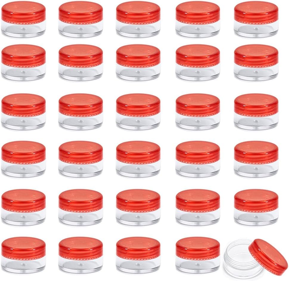 SKYPRO 30 Count Tiny Sample Jars, 3 Gram Clear Red Plastic Round Cosmetic Sample Containers with Screw Lids
