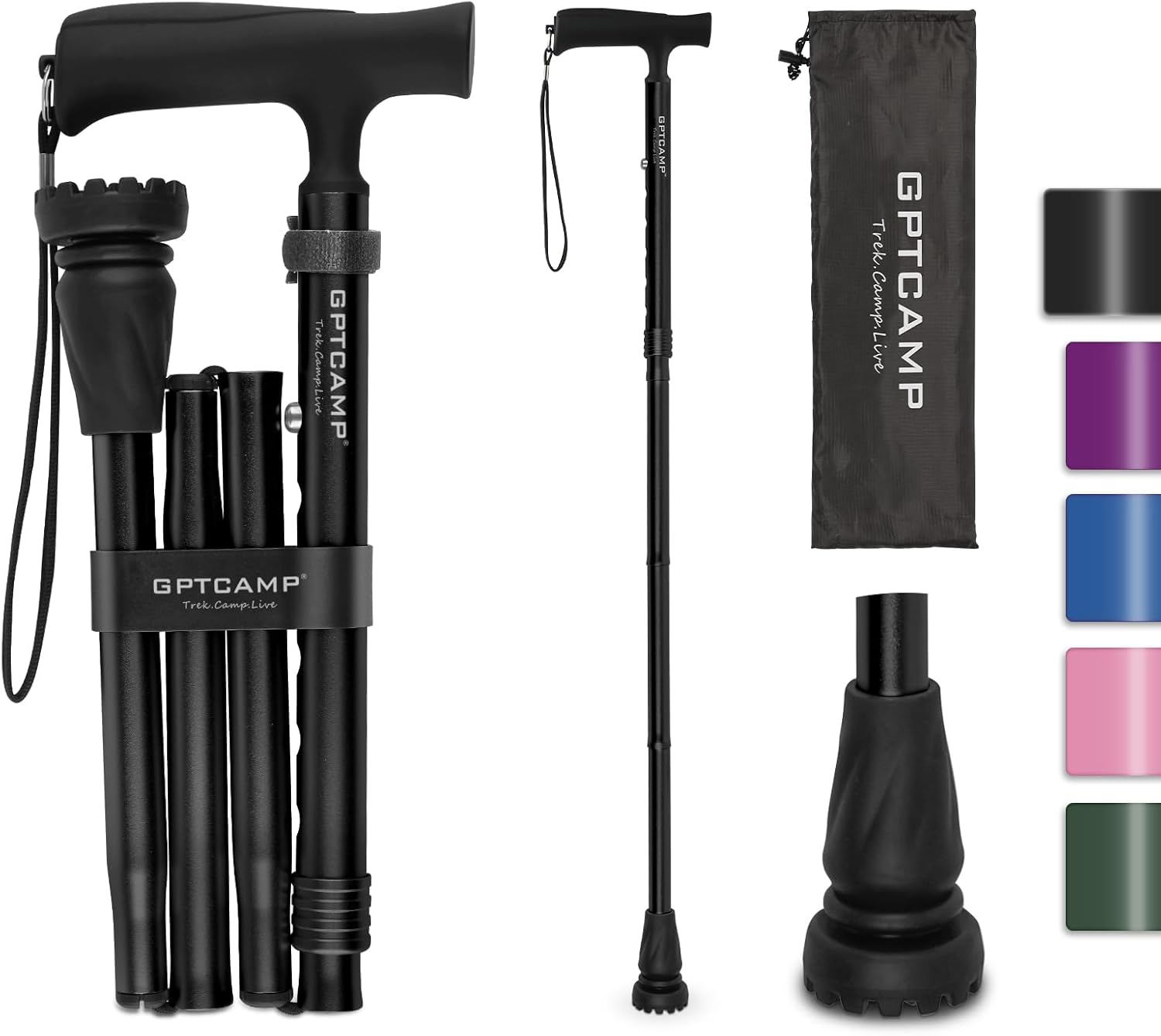 GPTCAMP G2 Walking Stick, Fold-up Walking Cane for Women and Men with Wrist Strap, Portable, Foldable, Collapsible, Lightweight and Sturdy with Comfortable T Handle