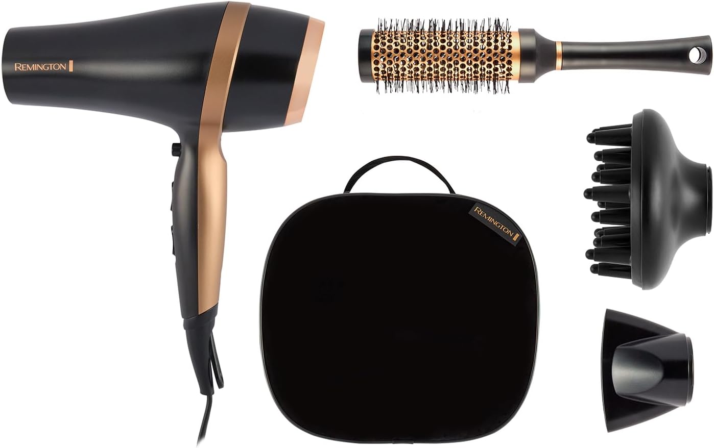 Remington Hair Dryer (Gift Set with Concentrator & Diffuser, Ceramic Ionic Grille, 3 Heat & 2 Speed Settings and Cool Shot, Premium Storage Bag, Round Brush, 2000W) Salon Smooth D6960GP