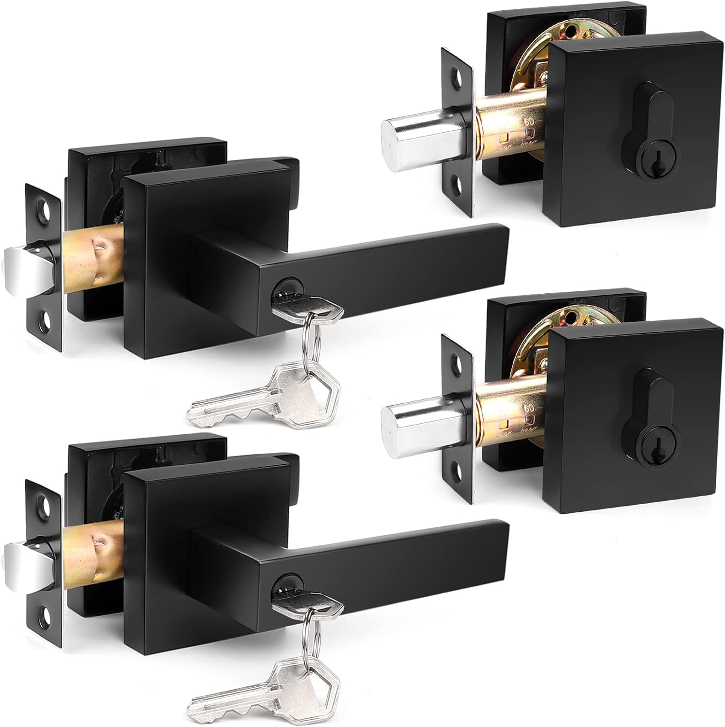 Probrico Square Entry Levers and Single Cylinder Deadbolts Combo Pack, Flat Black Keyed Alike Heavy Duty Keyed Entry Handles Locksets Reversible for Right and Left Side, 2 Pack(All Same Keys)