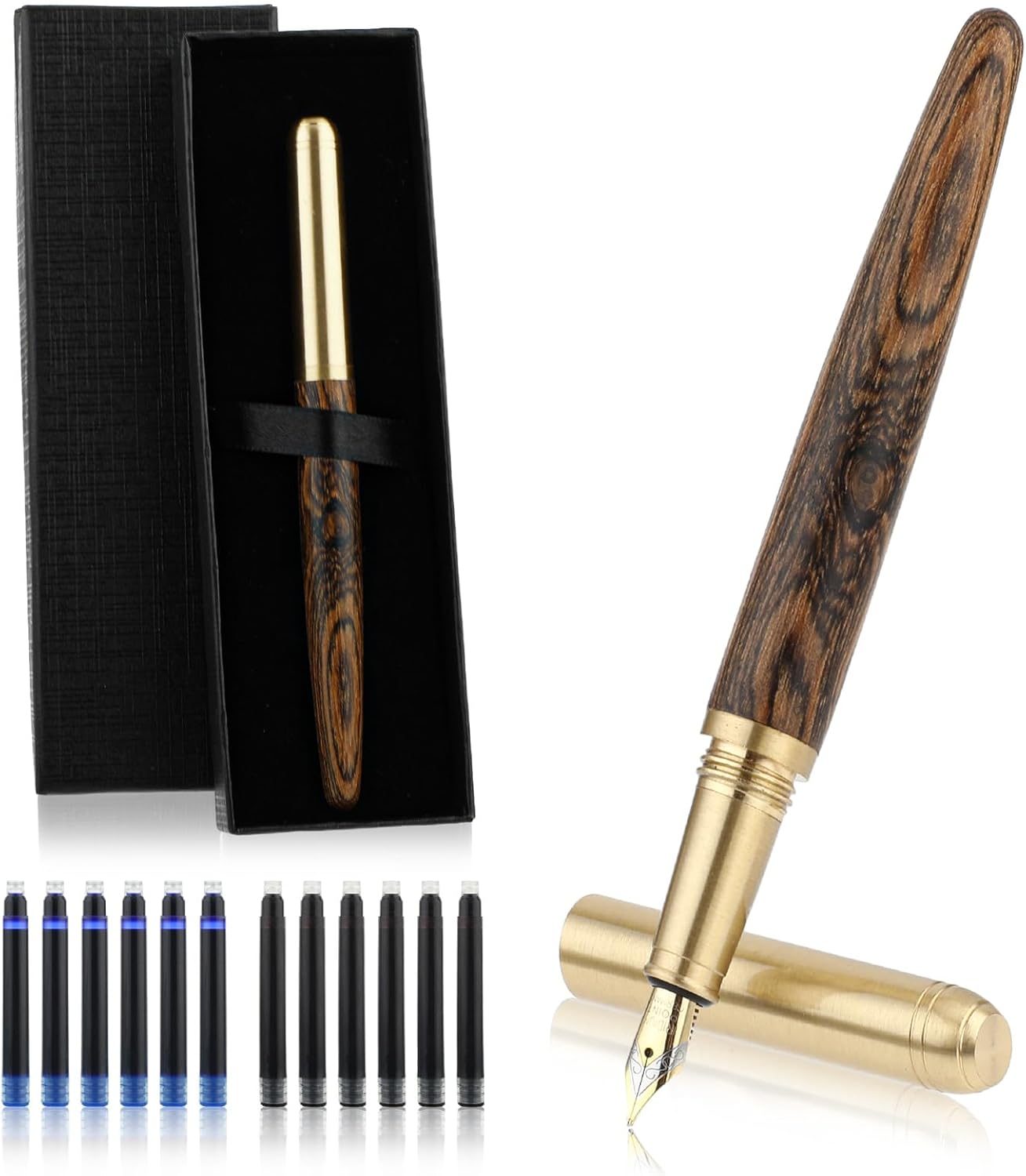 Cobee Handcrafted Wooden Fountain Pens Set, Vintage Luxury Wood Fountain Pen 0.5mm Fine Point Smooth Writing Pen With 12 Ink 2.6 mm Cartridges and Gift Box for Journaling Calligraphy Supplies(B)