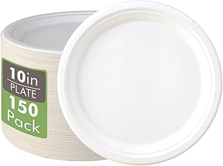 Vplus 150 Pack Compostable Disposable Paper Plates 10.25 inch Super Strong Paper Plates 100% Bagasse Natural Biodegradable Eco-Friendly Sugarcane Plates(white)