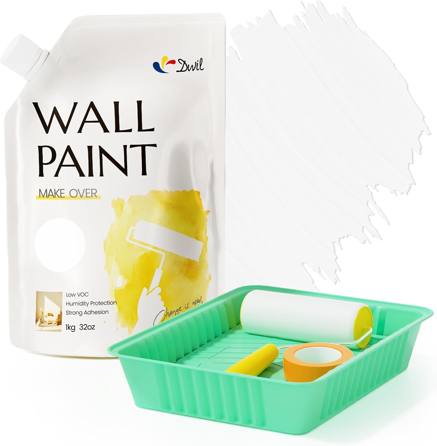 DWIL White Paint for Wall - 32 Oz, Primer Paint for Wall, Ceiling, Bathroom, Kitchen, Interior/Exterior - With Roller Kit, Low Odor & Easy to Use(White)