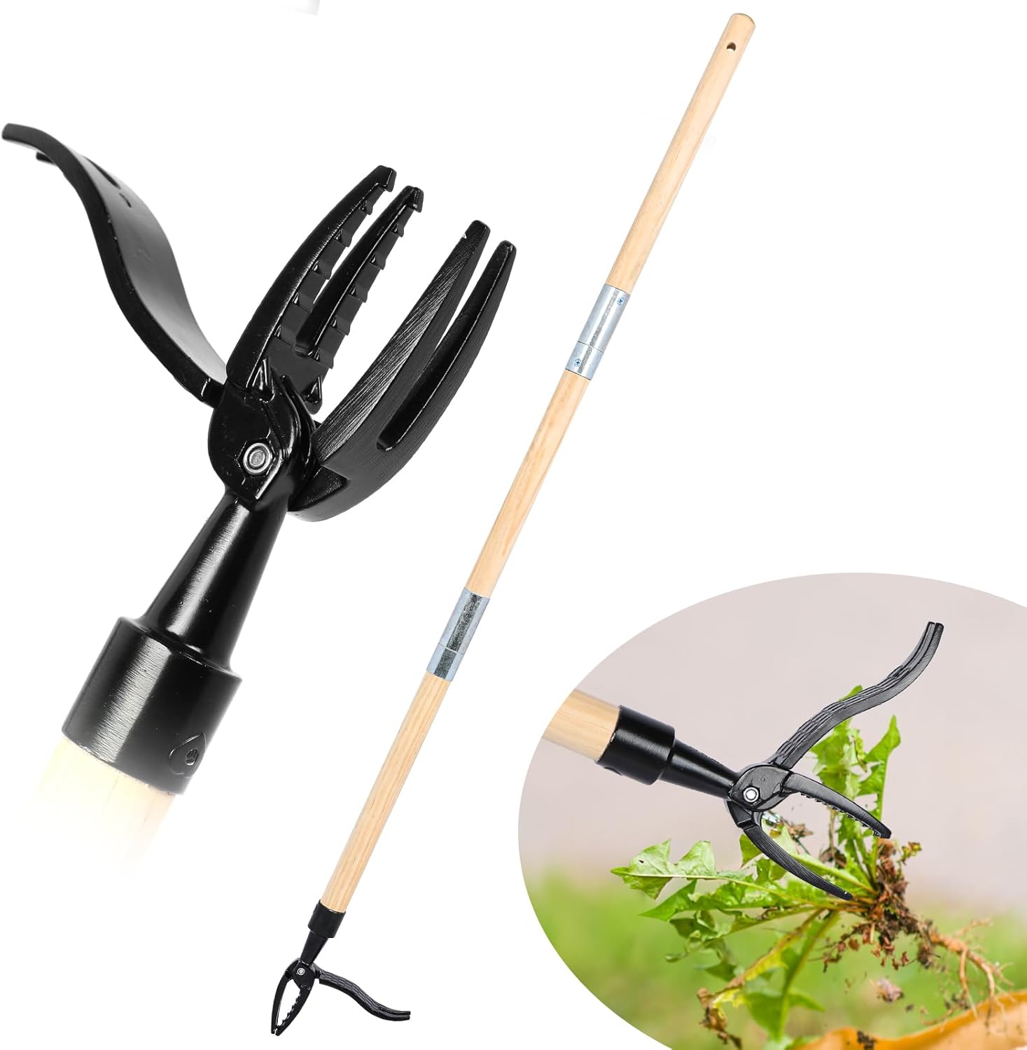 Domigard Standing Weeder Tool, Long Wooden Handle Weed Puller, 3-part Detachable Handle Weed Remover Tool, Stand-up Manual Weeder Tool with Metal Weeding 4 Claws Head for Garden & Lawn (112cm/44in)