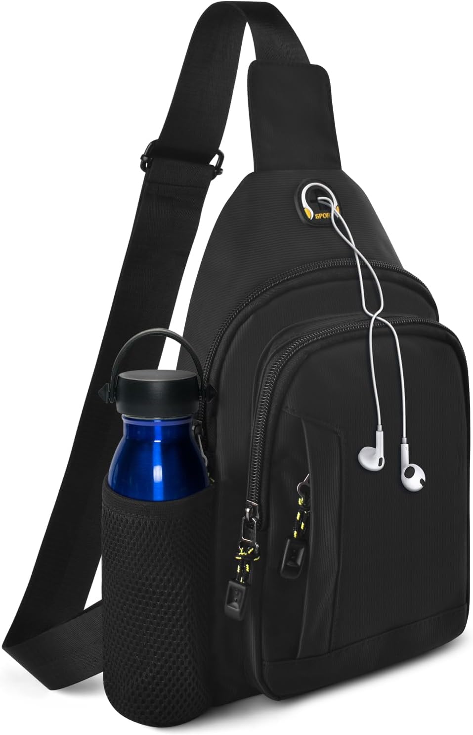 BROTOU Unisex Crossbody Shoulder Bag, Waterproof Chest Bag with Side Mesh Bag and USB Hole, Travel Hiking Daypack