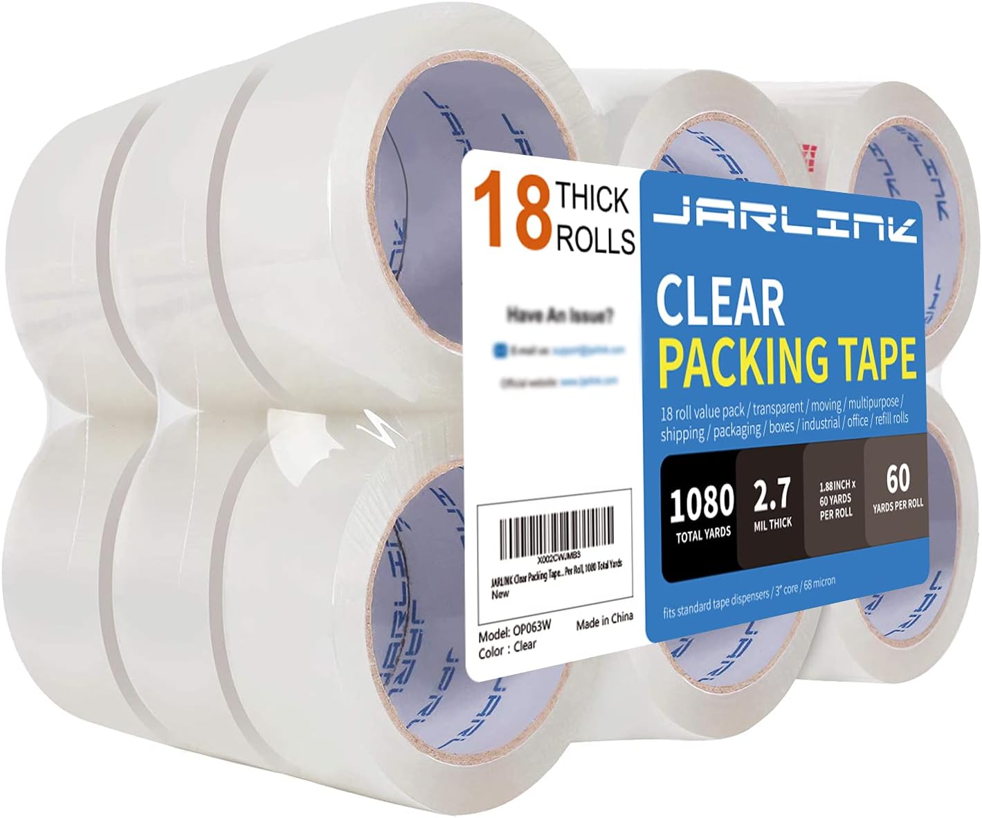 JARLINK Clear Packing Tape (18 Rolls), Heavy Duty Packaging Tape for Shipping Packaging Moving Sealing, 2.7mil Thick, 1.88 inches Wide, 60 Yards Per Roll, 1080 Total Yards