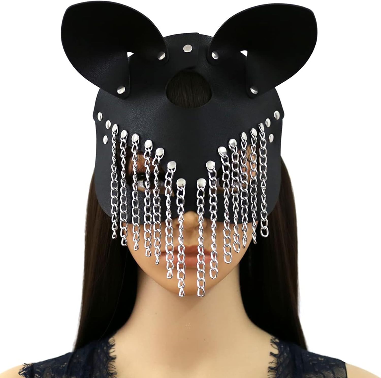 Moonlove PU Leather Cat Mask with Chain Tassels for Women Men, Costume Cosplay Halloween Mysterious Half Face Punk Mask for Carnival Night Club Rave Christmas Party