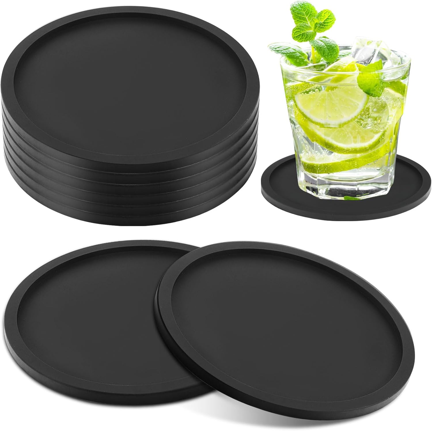 8 PCS Black Coasters, Silicone Thick Design(0.2inch) Round Mugs Coasters Set of 8 for Drinks Coffee Pads Beer Bar Mat, 10 * 10 * 0.5cm