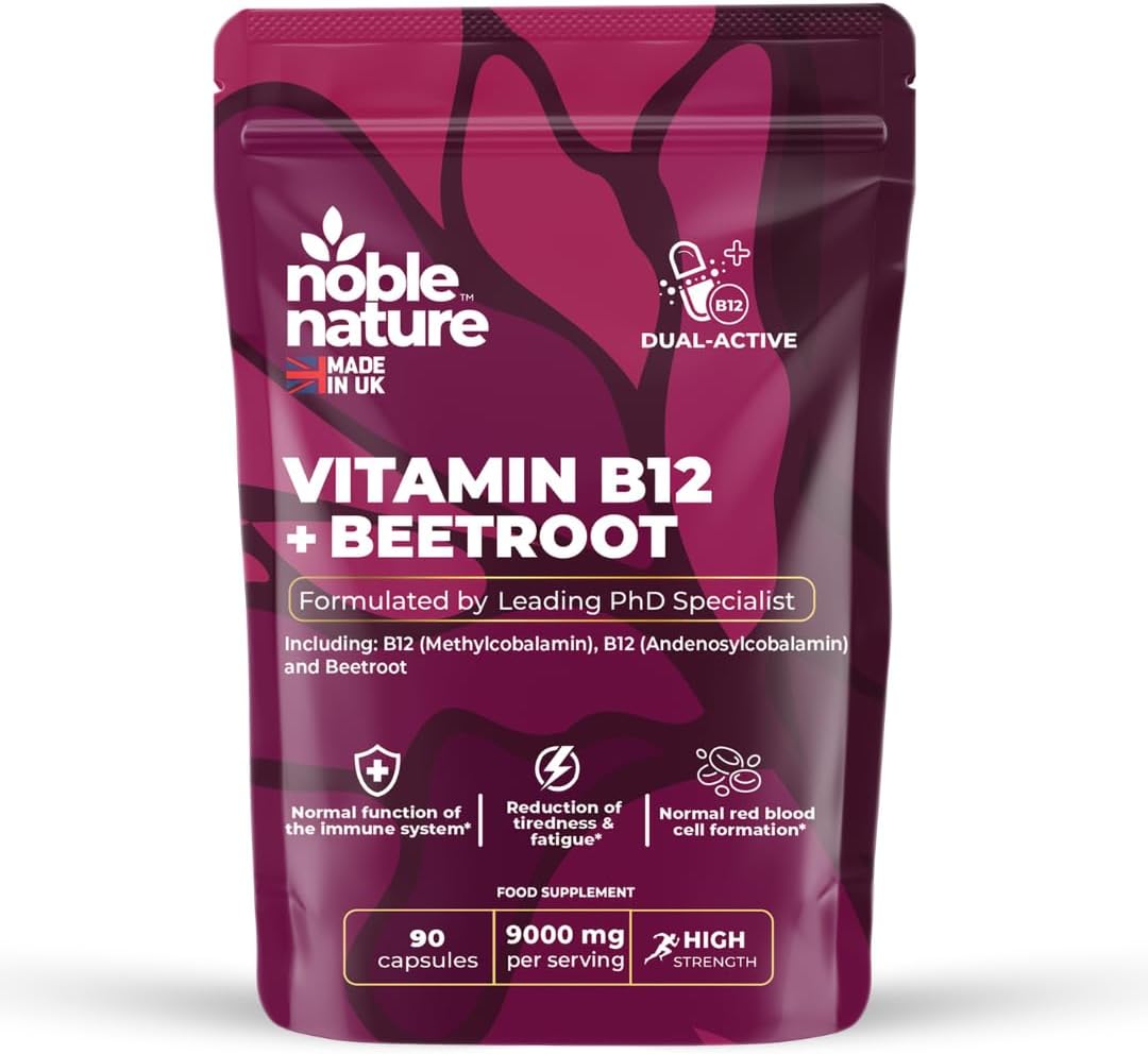 Beetroot & Vitamin B12 Complex – 9000mg Beetroot + 1000mcg Dual B12 (Methylcobalamin & Adenosylcobalamin) – Energy & Immune Support – 90 Capsules – UK Made (90)