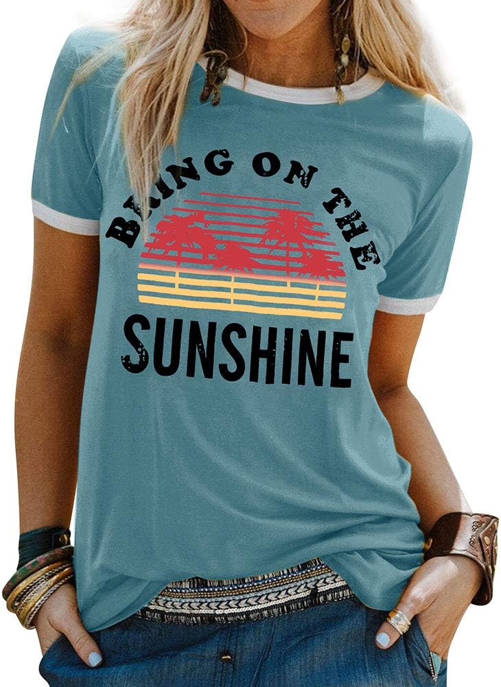 Dresswel Women Bring On The Sunshine T-Shirt Rainbow Graphic Print Short Sleeve Crew Neck Tee Tops Ladies Summer Shirts