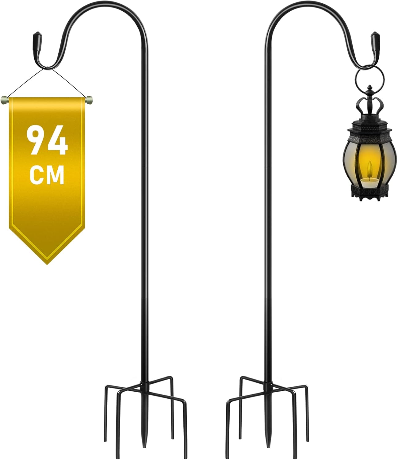 SEGNAYEN Shepherds Hooks for Garden Lights, 94cm Crook Hooks, Adjustable Outdoor Lantern Hook Pole Stand with Metal Stakes Hanging Small Plant Basket, Solar Black, 2 Pack