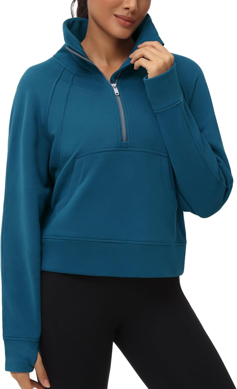 THE GYM PEOPLE Womens' Half Zip Pullover Fleece Stand Collar Crop Sweatshirt with Pockets Thumb Hole
