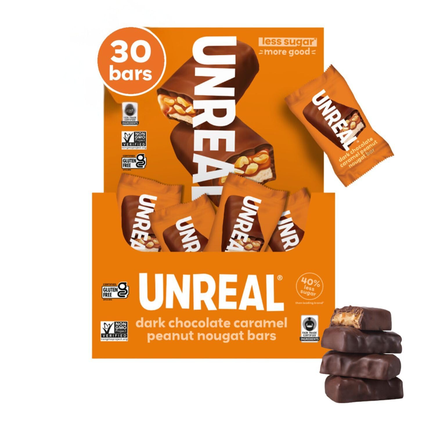 UNREAL Dark Chocolate Peanut Caramel Nougat Bars (30 Mini Bars) | 70% Organic Ingredients, Fair Trade, Non-GMO | No Corn Syrup, Sugar Alcohols, Soy | .67oz each