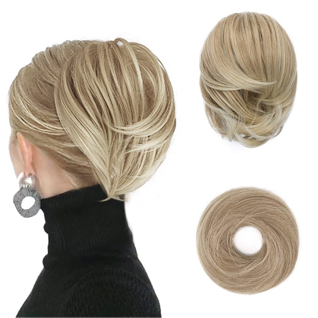 BARSDAR Straight Hair Bun Extensions - Short Straight Ponytail Blonde Hair Bun Extensions for Women, Synthetic Elastic Messy Bun Scrunchies Hairpieces Daily - Light Ash Blonde Mix