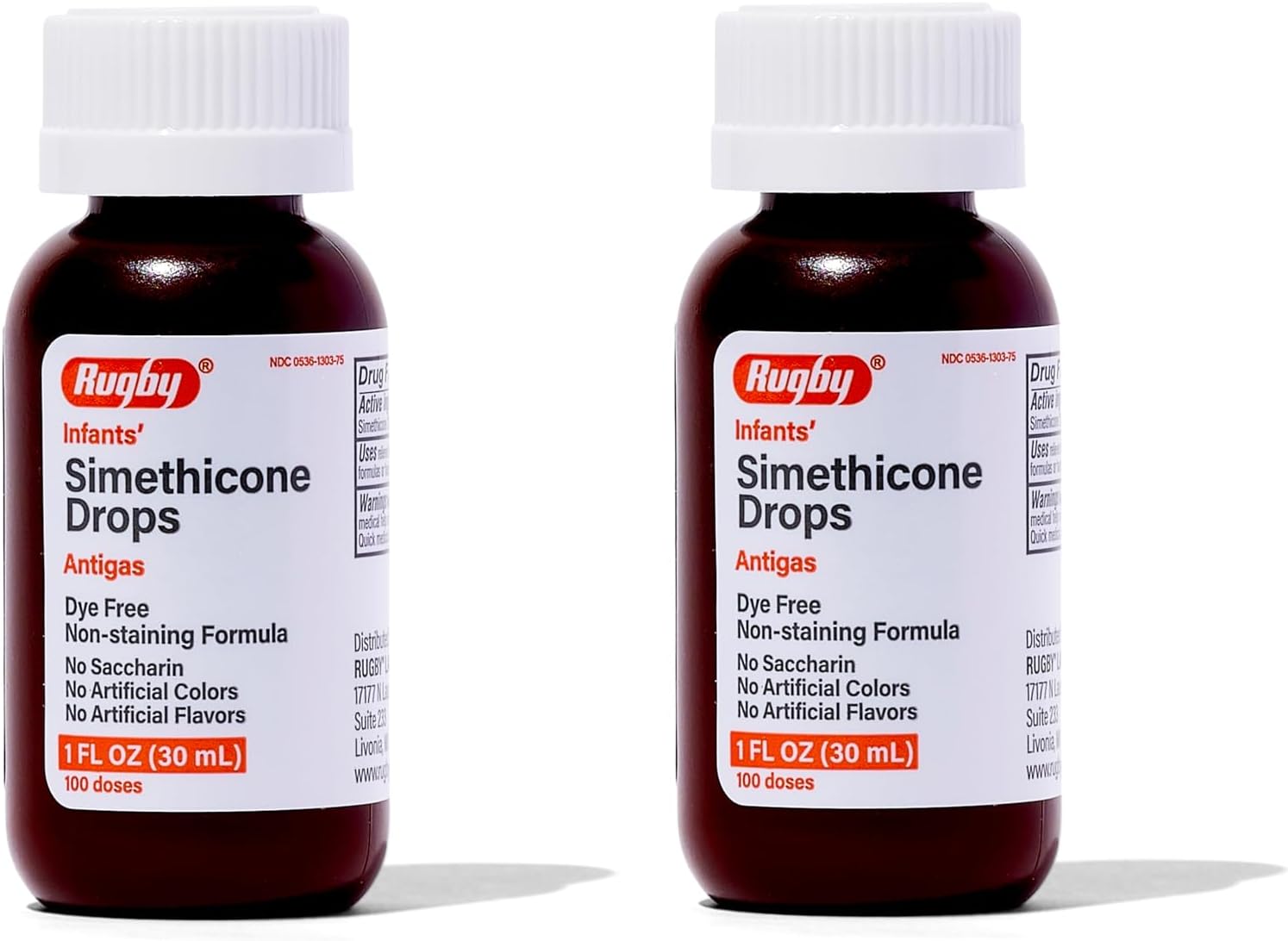 Rugby Dye-Free Infants' Gas Drops - Simethicone 20 mg Liquid Drops for Newborns, Babies, Toddlers, and Kids - Fast Relief from Gas Discomfort - No Artificial Colors or Flavors - 1 Fl. Oz. (2 Pack)
