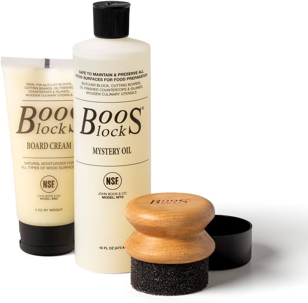 John Boos 3-Piece Care Set, 16 oz Mystery Oil, 5 oz Board Cream & Round Applicator - All-Natural Maintenance Formula for Butcher Blocks, Cutting Boards, Wooden Countertops & Wood Utensils