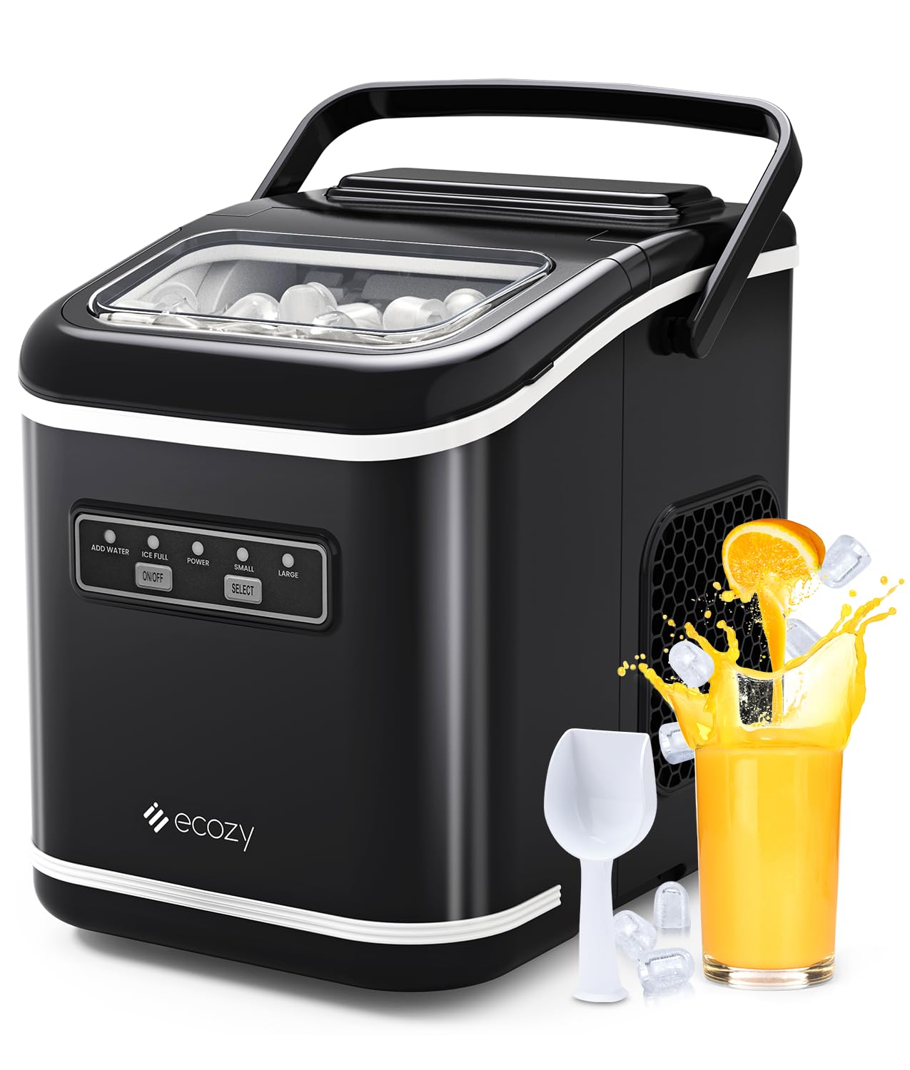Ecozy Countertop Ice Maker, Portable, Self-Cleaning, 9 Bullet Ice Cubes in 6 Mins, 26lbs/24Hrs, Ice Maker Machine with Ice Bags, Handle, Standing Scoop and Basket, Black, IM-BS261C