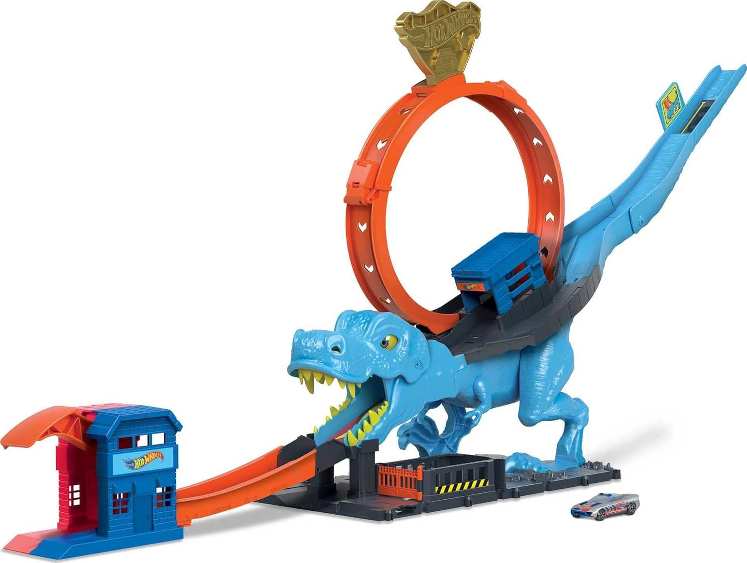 Hot Wheels City Racetrack, T-Rex Chomp Down, Knock Down Dinosaur with Car Stunt in Giant Loop, Includes 1 Toy Car in 1:64 Scale, Toys for Ages 4 and Up, One Pack, HNP77