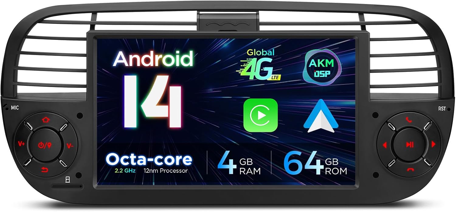 XTRONS for Fiat 500 (2007-2015) Touch Screen Radio, 7 Inch Android 14 Car Stereo for Fiat 500 Replacement Head Unit Built-in DSP Car Play Android Auto 4+64GB (Black)