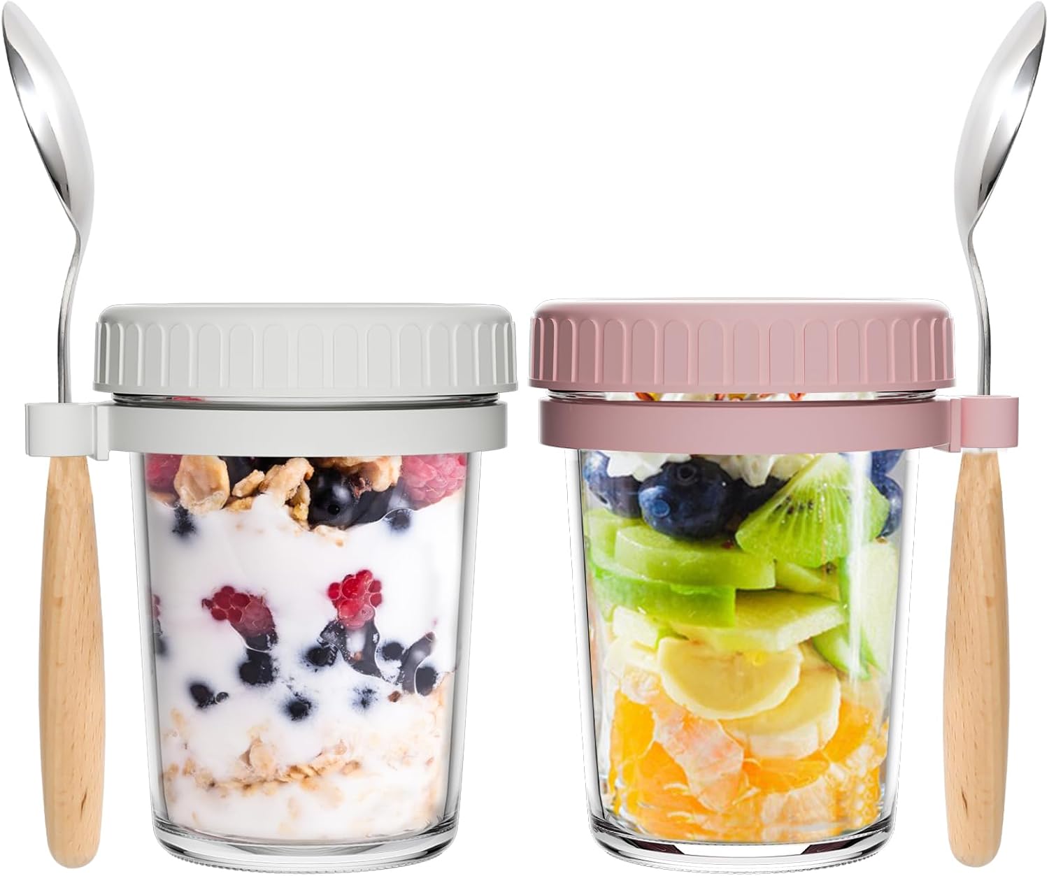 2 Pack Overnight Oats Jars with Lids and Spoon, 350ml Airtight Breakfast Jars with Measurement Marks, 12 oz Chia Seed Pudding Container for Salads, Cereal, Milk, Porridge, Fruit ,Yogurt White& Pink