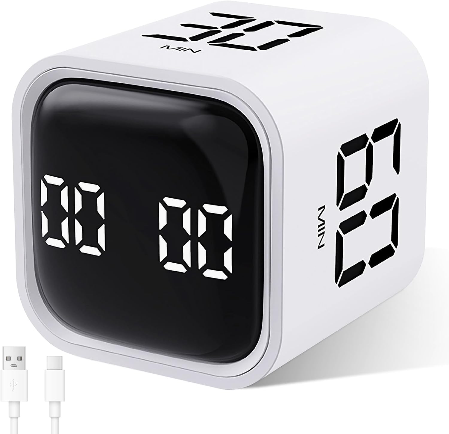 Cuteefun Cube Timer, Rotation Pomodoro Timer, 5/10/30/60 Minutes & Custom Countdown, Productivity Countdown Clock with Vibration, Adjustable Sound Alert for Kitchen, Study, Meeting, White