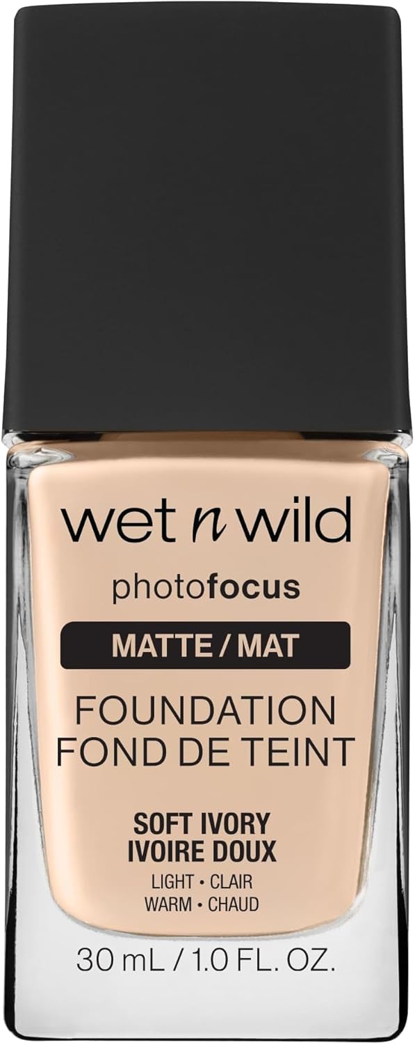 Wet n Wild, Photo Focus Foundation Matte, High-coverage Foundation with Light-adjusting Complex for a White Cast-free Effect and a Camera-ready Makeup, Matte Finish, Vegan, Soft Ivory