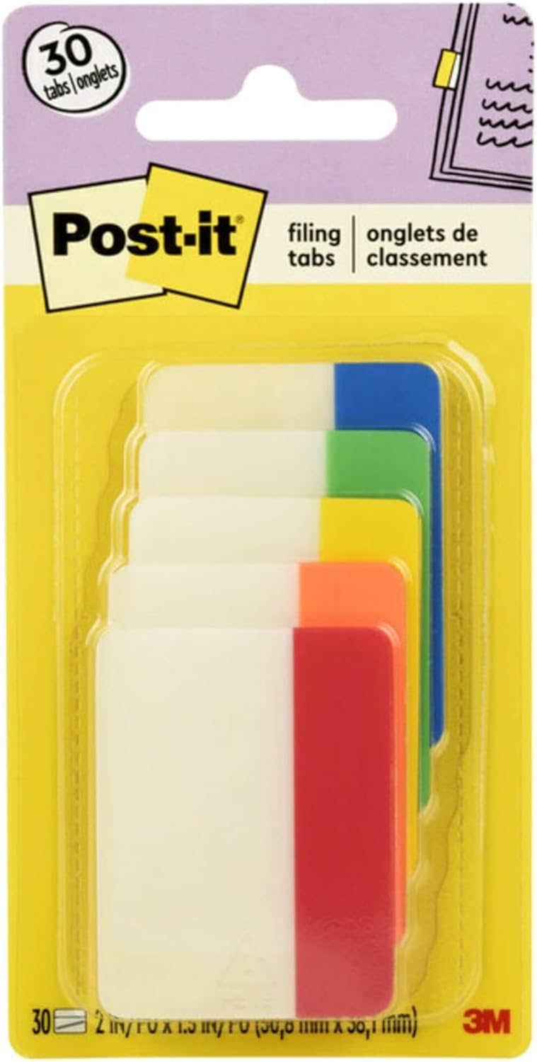 Post-it Tabs, 2 in, Solid, Assorted Colors, 6 Tabs/Color, 5 Colors, 30 Tabs/Pack (686-ROYGB)