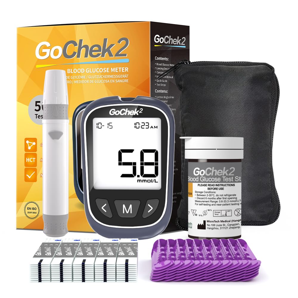 MicroTech Blood Sugar Monitor Kit 50 Strips & Lancets, No Coding, 500 Memroy Storage, Ketone and Hypo Warning, Wider HCT for Family (mmol)