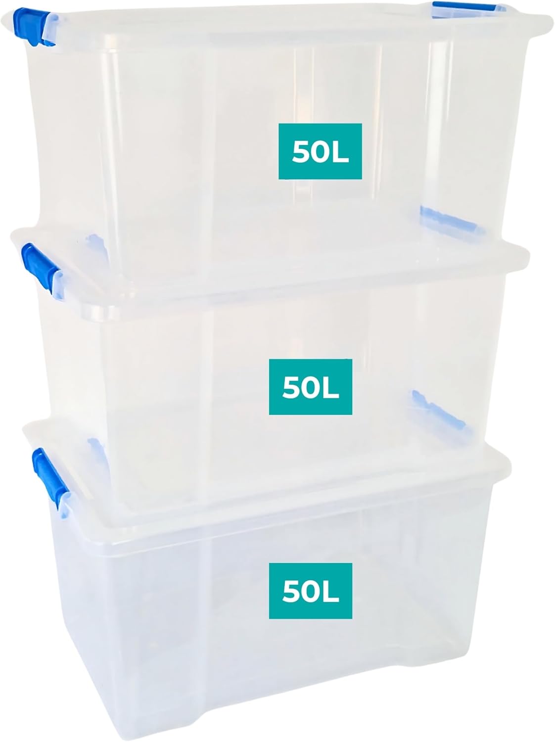 Klass Home Collection 3 x 50 Litre Storage Boxes with Lids Set of 3, Clip-Lock Lid, Sturdy 50L Clear Stackable Plastic Storage Box With Lid Containers For Home, Kitchen, Moving, Garage & Office