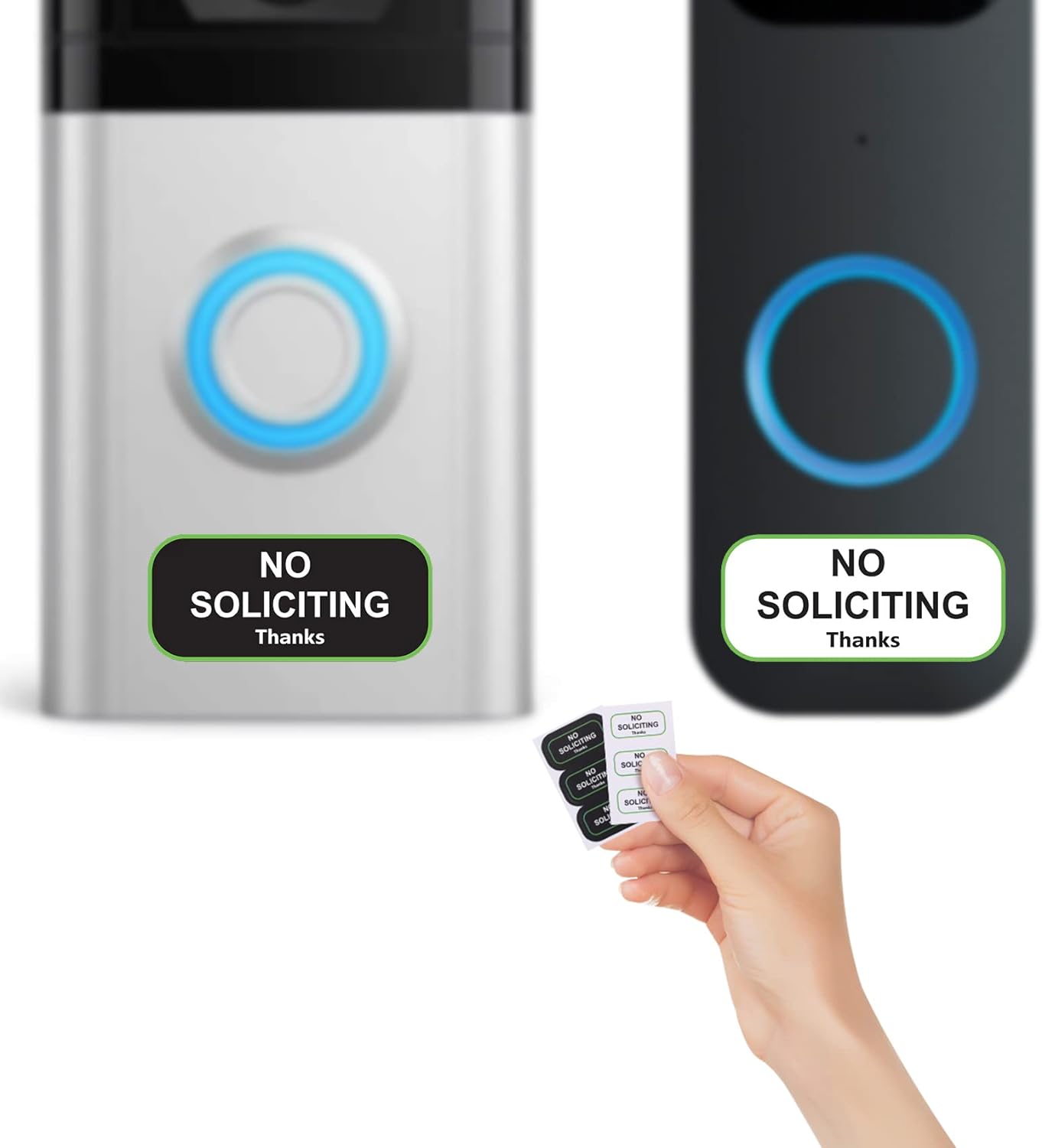 Small No Soliciting Sign for House,1x0.5 Inches Compatible with Most Doorbells,Weatherproof and Sturdy - Easy to Install (3 black and 3 white)