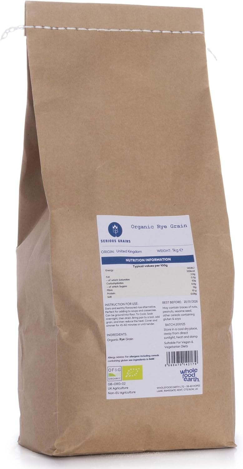 Wholefood Earth Serious Grains 100percent Wholemeal Rye Flour Stoneground - 1kg - Premium Flour - High Fibre - Made in UK