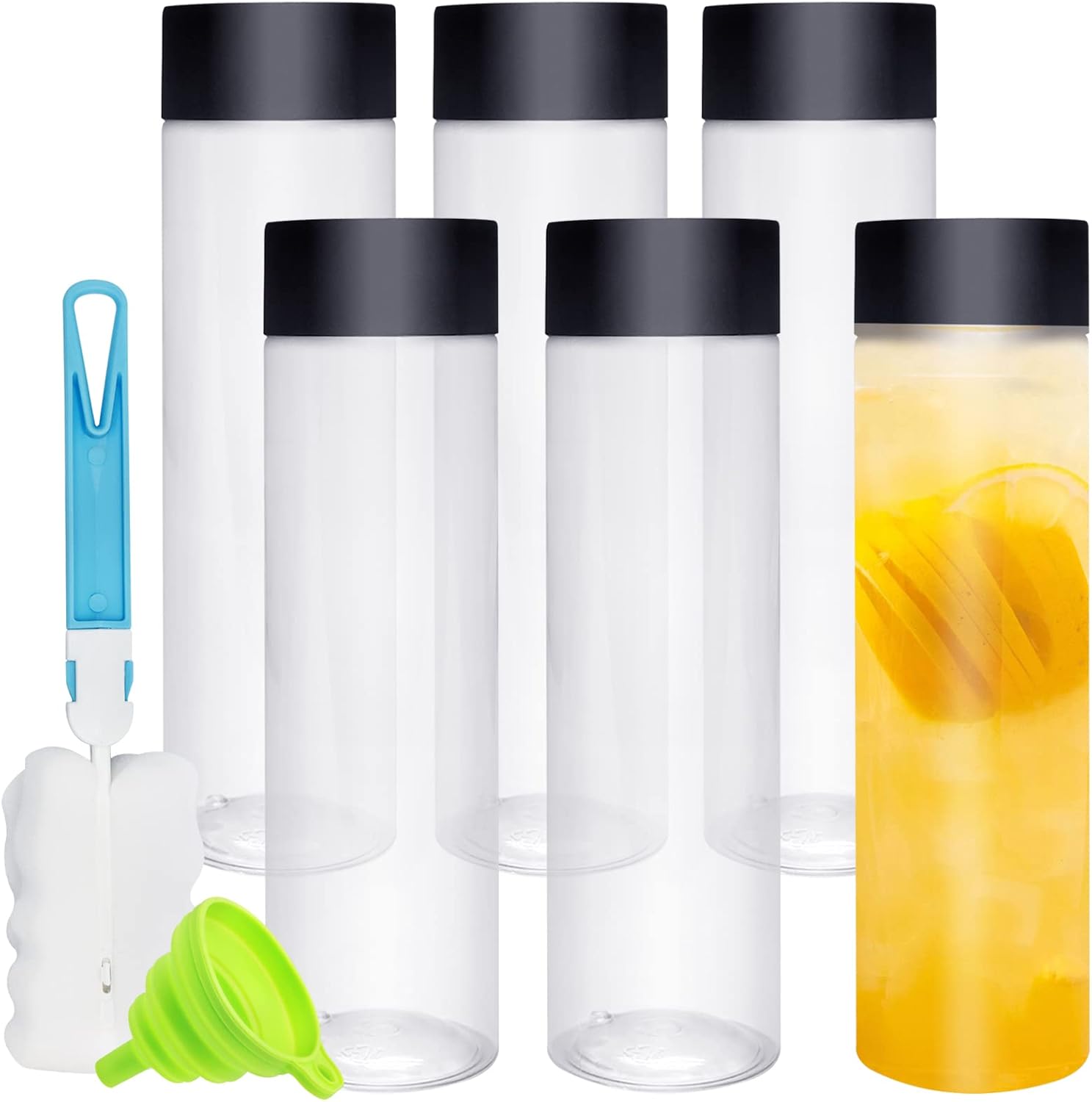 6Pcs 400ml /13.5Oz Plastic Juice Bottles, Empty Reusable Bottles with Caps, Funnel and Brush Clear Plastic Water Bottle Storage Bottles Smoothie Bottle for Storing Homemade Beverages, Milk, Water