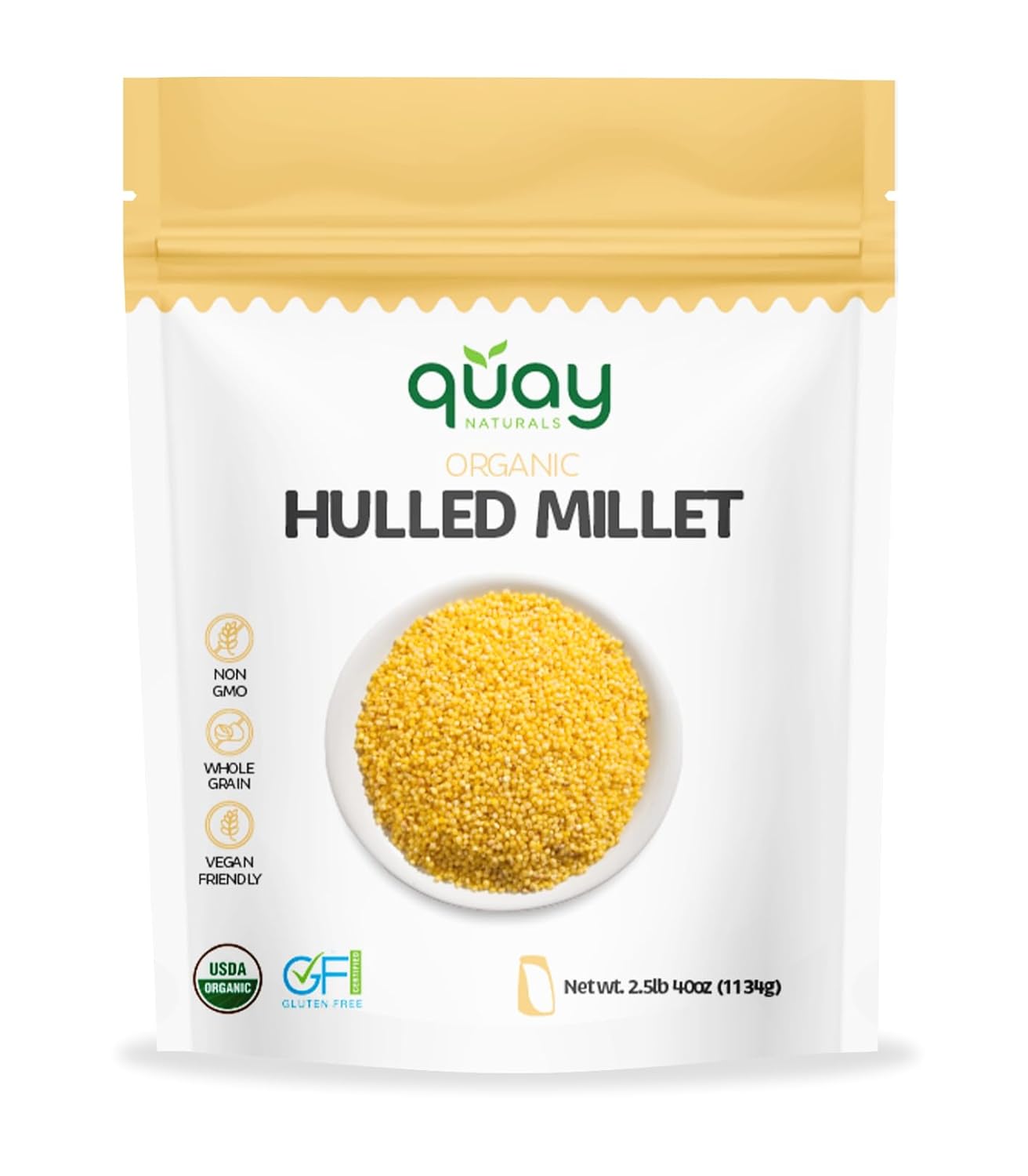 Quay Naturals Organic Hulled Millet, 2.5 lbs, USA Grown, Non-GMO, Gluten-Free, Whole Grain, Easy to Digest, Vegan-Friendly