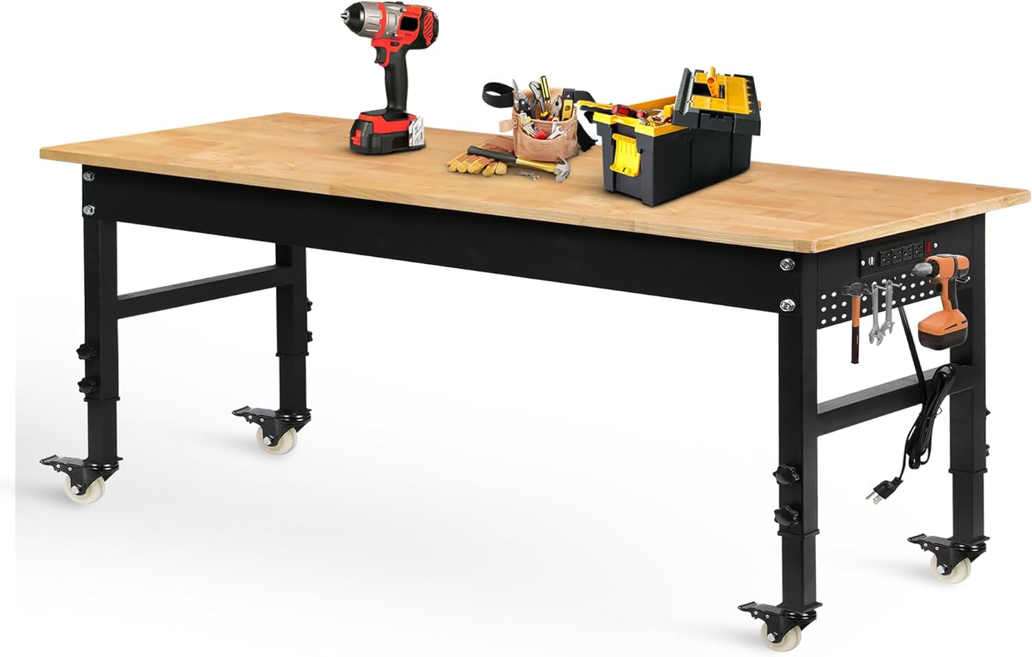 Betterhood 70" Adjustable Workbench on Wheels, 2000 LBS Heavy Duty Work Table with Power Outlets & Pegboard, Rubber Wood Workstation for Garage, Workshop, Office, Home, Commercial