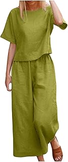 Womens Linen Set Summer 2 Piece Outfits Casual Loose Lounge Wear Short Sleeve Tops Wide Leg Pants with Pockets