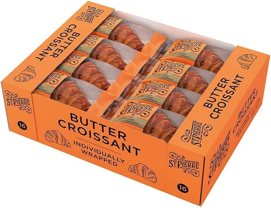 St Pierre Croissant 16 Pcs. Tray Individually Wrapped | Flaky, light, and full of flavor | Suitable for Vegetarians. (1 Box, Butter Croissant)