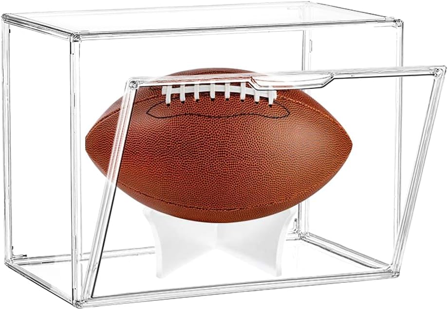 Football Display Case, JARAGAR Acrylic Football Storage Box Full Size Assemblable Football Showcase Memorabilia Display Boxes with Magnetic Door Removable Display Stand UV Protection